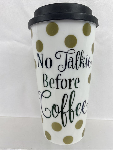 no talkie before coffee togo travel tumbler black gold cup mug polka dot