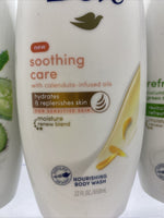 (3) Dove Body Wash Soothing Care Cucumber Green Tea Calendula infused oils 22 oz