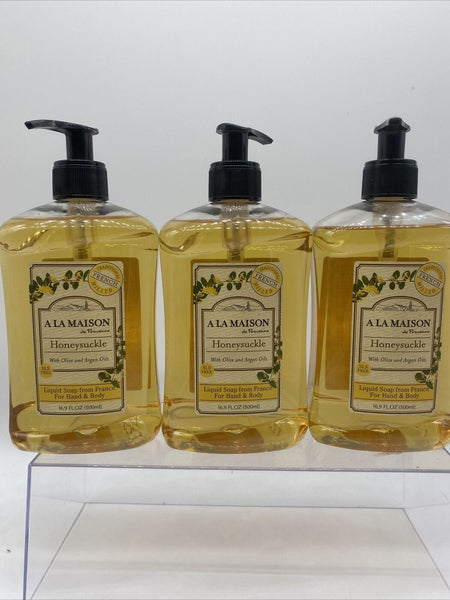 (9) A La Maison Liquid Soap Hand Body Honeysuckle Olive Argan Oil France 16.9oz