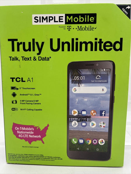Simple Mobile TCL A1 4G LTE Prepaid Smartphone Black No Contract Unlimited