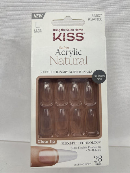 Kiss Salon Acrylic Natural Glue On 28 Nails #83607 KSAN06 LONG LENGTH - clear