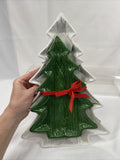 (2) HALLMARK CHRISTMAS TREE Serving PLATES CANDY COOKIE DISHES Cable Knit Green