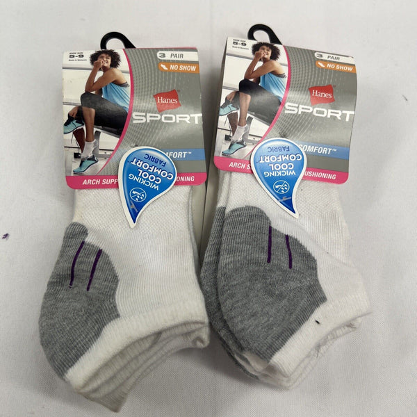 (2) Hanes Sport Women Sz5-9 Cool Comfort No Show White Socks Arch Support 3 Pair