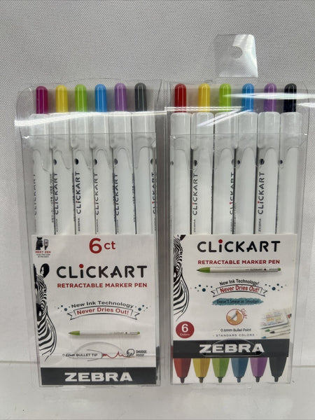 (2) Zebra Click Art Retractable Marker Pen Fine Pink Purple Blue6pk COMBINESHIP