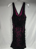 Express Sz 10 Pink & Black Mini Dress Club Evening Comfy Lace Ruched Body-con