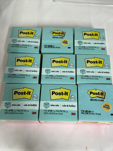 (9) Post It Notes Cube 3 x 3in Ultra Bright 500 Sheets Pink Blue Yellow 4500 Ttl