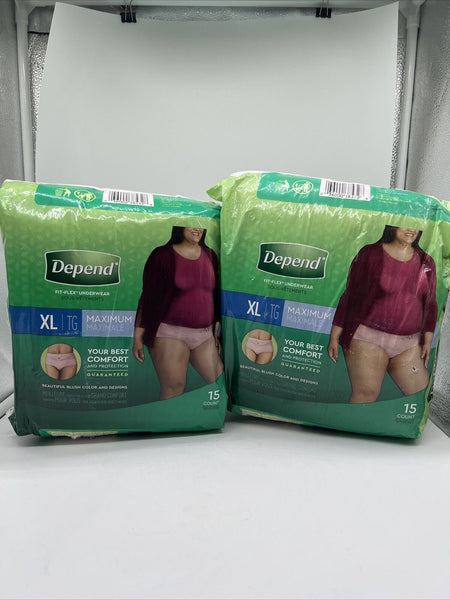 (2) Depend Fit-Flex Underwear Women XL Maximum Absorbency 45-64” 20W XLarge 15ct