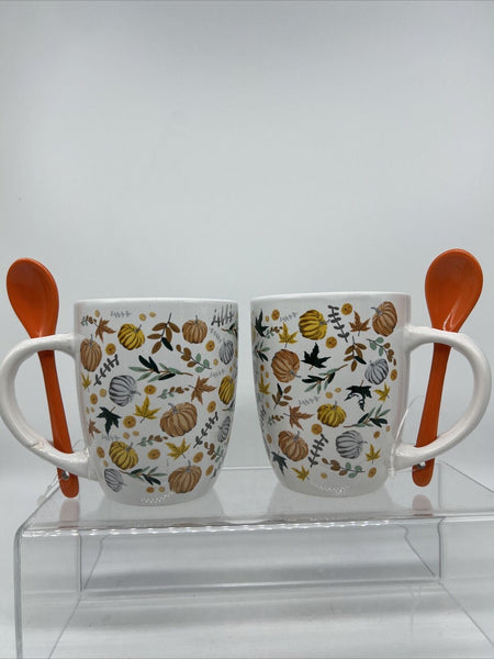 (2) Coffee Mug Tea Fall Pumpkin & Leaves Orange Stir Spoon Cup Microwave Safe
