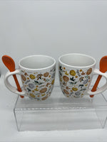 (2) Coffee Mug Tea Fall Pumpkin & Leaves Orange Stir Spoon Cup Microwave Safe