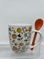 (2) Coffee Mug Tea Fall Pumpkin & Leaves Orange Stir Spoon Cup Microwave Safe