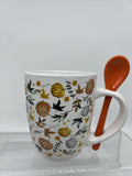 (2) Coffee Mug Tea Fall Pumpkin & Leaves Orange Stir Spoon Cup Microwave Safe