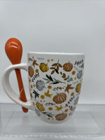 (2) Coffee Mug Tea Fall Pumpkin & Leaves Orange Stir Spoon Cup Microwave Safe
