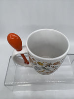(2) Coffee Mug Tea Fall Pumpkin & Leaves Orange Stir Spoon Cup Microwave Safe