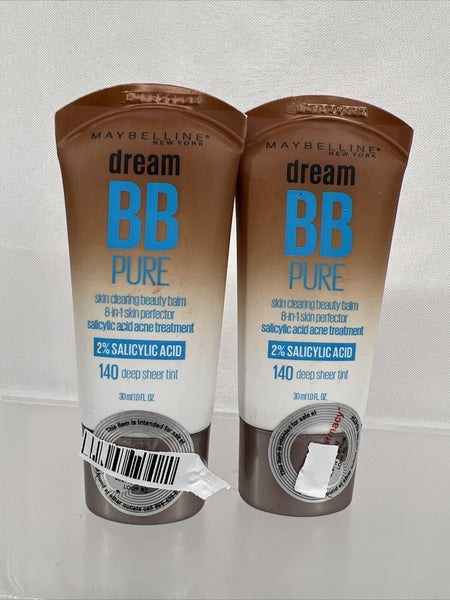 (2) MAYBELLINE 140 Deep Dream Pure BB Creme Face Clearing Breakouts 1oz