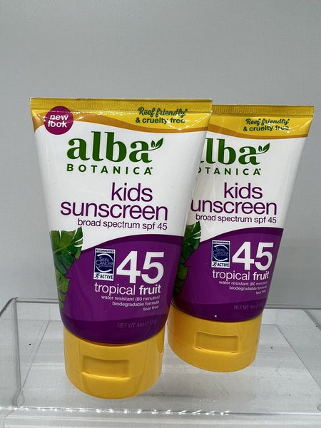 (2) Alba Botanica Kids Sunscreen Lotion SPF 45 Tropical Fruit 4oz COMBINE SHIP!