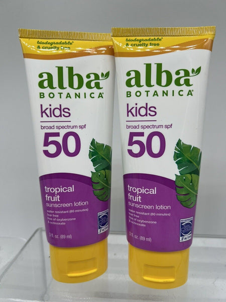 (2) Alba Botanica Kids Sunscreen Tropical Fruit SPF 50 Water Proof Tear Free 3oz