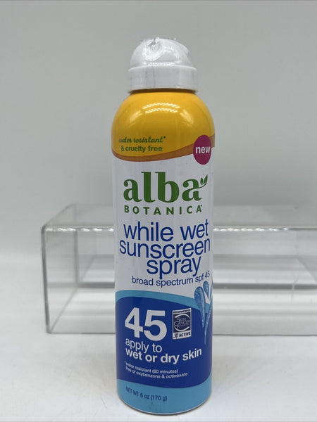 Alba Botanica While Wet Sunscreen Spray SPF 45 Sealed water resistant 6 Oz 6/24
