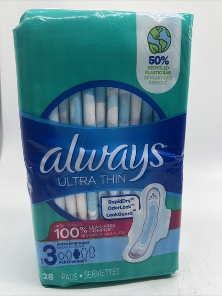 ALWAYS Ultra Thin Size 3 Extra Long Super Pads Wings Unscented 28 Ct COMBINESHIP