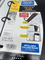Mead Five Star Flex Hybrid NoteBinder Refillable College Ruled  ￼ 5 Divider Pape