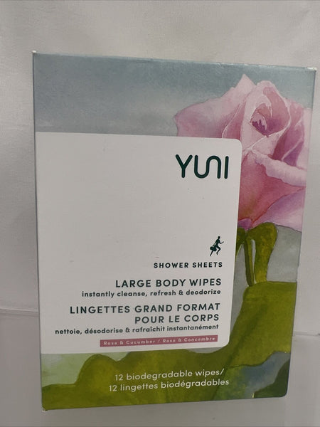 Yuni Shower Sheets Large Body Wipes, Scent: Rose & Cucumber, 12 Wipes