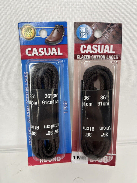 (2)  Shoe Gear 36” Casual Shoelaces - Glazed Cotton Round BLACK 8-9 Eyelets