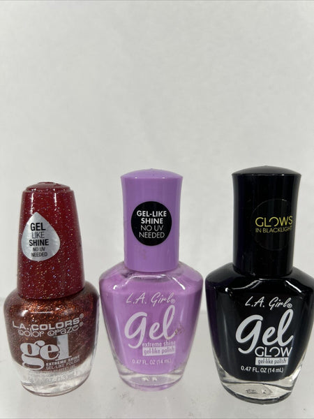 (3) L.A. Colors Gel Glow rated R Ta-da! Purple ￼ Crush red glitter ￼Nail Polish