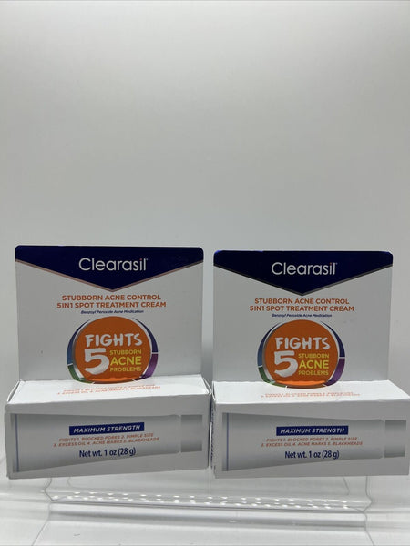 (2) Clearasil Stubborn Acne Control 5 in 1 Spot Treatment Cream 1 oz 1/24