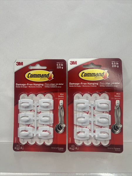 (2) Command 0.5lb Mini Hooks 17006es  Damage Free Hanging White 6 Hook 8 Strip