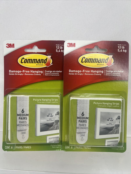 (2) Command 12lb Medium Picture Hanging Strips 17204ES Damage Free 6 Pairs Each