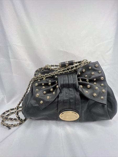 NEW bebe Black Bow Accent Purse Gold Stud Braided Chain Shoulder Bag Clutch Adj.