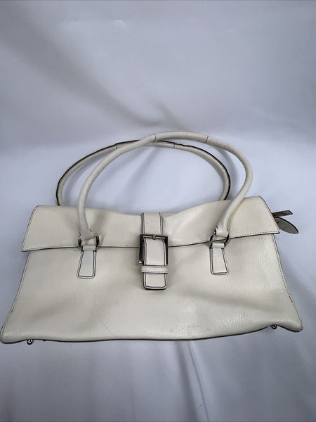 BCBG Cream Beige Purse Shoulder Bag Buckle Accent 3 Compartment Leather