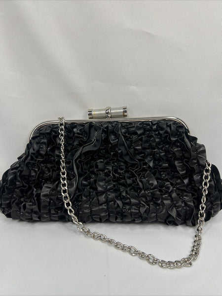 Ruffle Black￼ Purse Shoulder Bag Strap Silver Chain Ruffle Accent