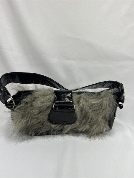 Furry Black￼ Purse Clutch Bag Strap Small  Zipper Faux Fur Bag