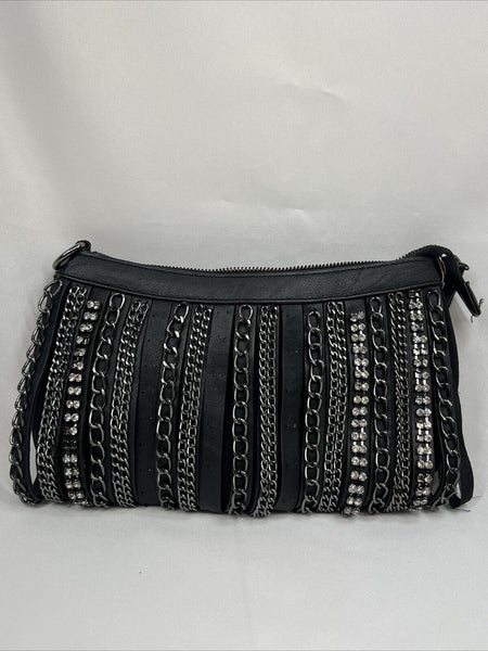 Cache Black￼ Purse Clutch D For Shoulder Strap Zipper rhinestone chain embellish