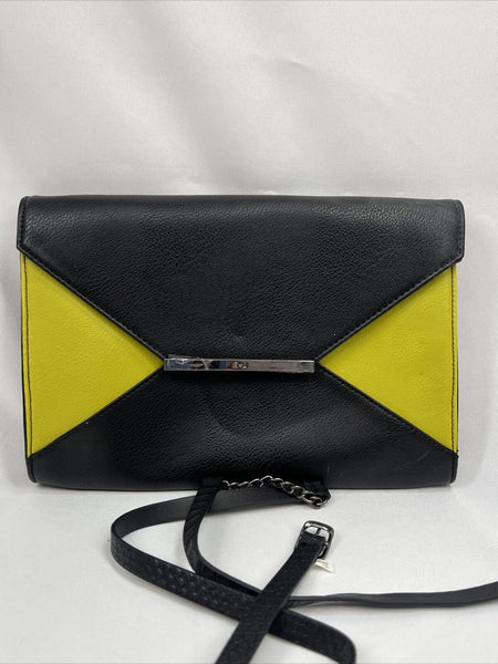 R & J Black￼ Yellow Purse Fold Clutch Shoulder Strap ? Magnet Closure Envelope
