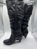 Fashion bug￼ Sz 9 Slouch buckle accent stretch black leather knee-high boot Heel