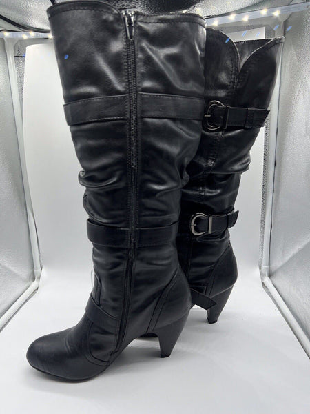 Fashion bug￼ Sz 9 Slouch buckle accent stretch black leather knee-high boot Heel