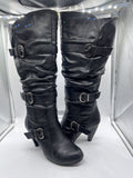 Fashion bug￼ Sz 9 Slouch buckle accent stretch black leather knee-high boot Heel