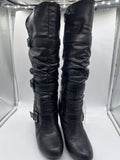 Fashion bug￼ Sz 9 Slouch buckle accent stretch black leather knee-high boot Heel