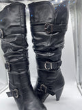 Fashion bug￼ Sz 9 Slouch buckle accent stretch black leather knee-high boot Heel