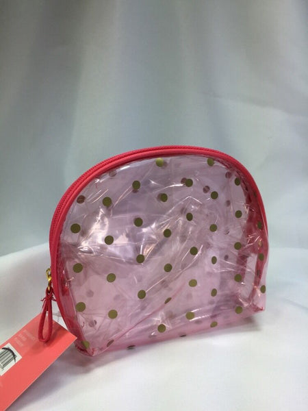 New Pink Coral Gold Polkadot Clear Zipper MakeUp Bag Travel Case Round Top