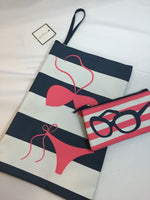 New Navy & Pink Stripe Bikini Beach Bag Tote & SunGlass Protector Macy's Makeup