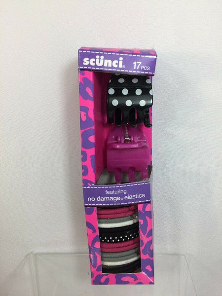 Conair Scunci 17pc Brush gift set Elastics Claw Hair Tie Pink Black Ponytail