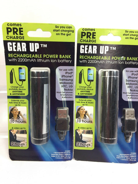 (2) Black Gear Up 2200 MAH Powerbank Portable Charger iPhone Android Micro USB