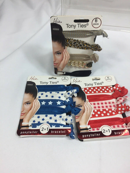 (3) Mia Tony Ties Hair Tie Knotted wrap Ponytail Red Leopard Blue Star Black