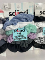 (3) Scunci Original Thick Hair Tie Scrunchies Fabric Black Purple 6 Pack (18ttl)