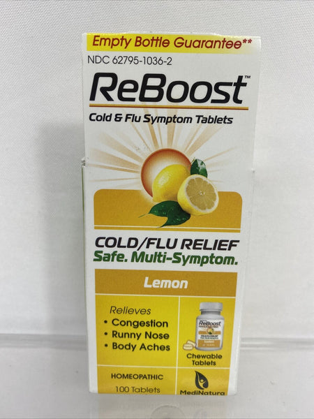 MediNatura ReBoost Cold Flu Tablets Lemon (100) tabs Homeopathic Congestion 6/23