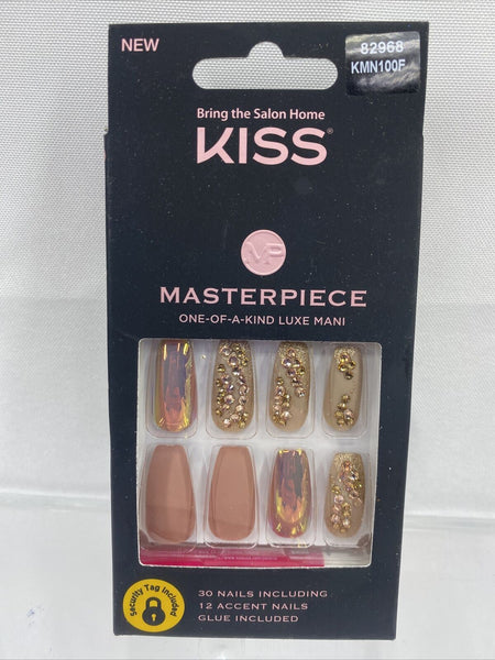Kiss Masterpiece Luxe Glue Manicure Gel Coffin Nude Rose Gold 30 Nails 82968