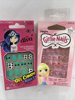 (2) Broadway Little Diva & Fing'rs Girlie Easy Press On Pink Green Bow 20 Nails