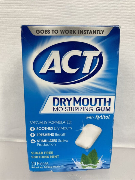 ACT Dry Mouth Moisturizing Gum with Xylitol, Sugar-Free Soothing Mint, 20 Pieces